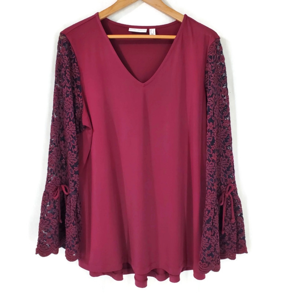 Susan Graver Liquid Knit Tunic Top with Floral Lace Bell Sleeves and Bow Size L